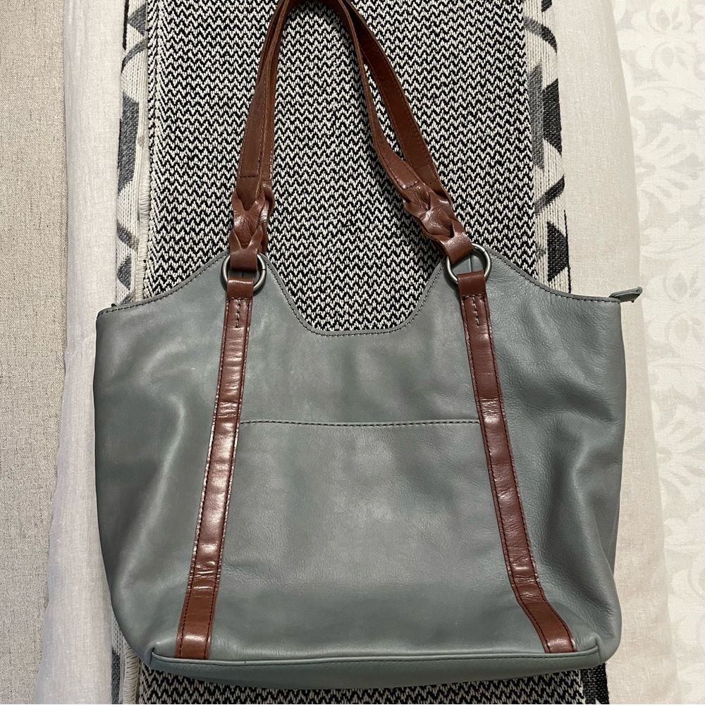 The Sak Sierra Shopper Gray-Blue w/Brown Trim Leather Tote Bag NWOT!